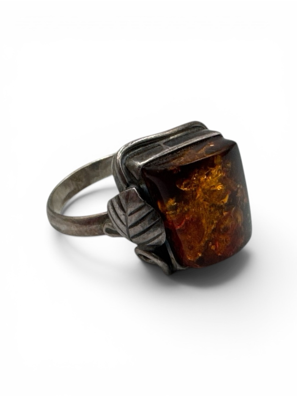 Vintage Sterling Silver Art Nouveau Baltic Amber Leaf Cocktail Ring size 8